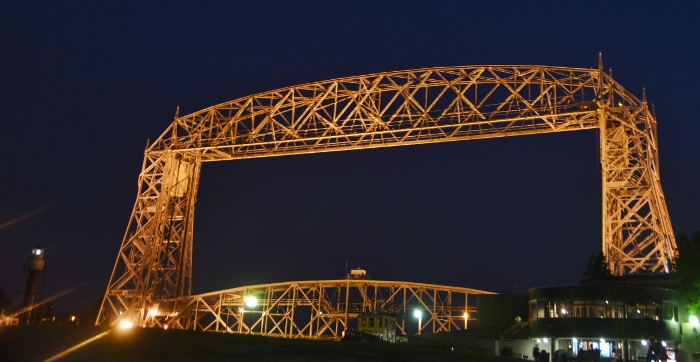Aerial lift bridge at night